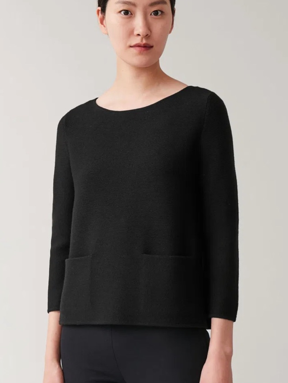 COS 100% Merino Wool Jumper Pocket Sweater Black XS Minimalist 3/4 Sleeves